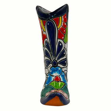 Mexican Talavera Cowboy Boot Planter Hand Painted - Dark Blue Trim